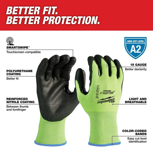 Milwaukee 48-73-8922 High Visibility Cut Level 2 Polyurethane Dipped Safety Gloves - Large - My Tool Store