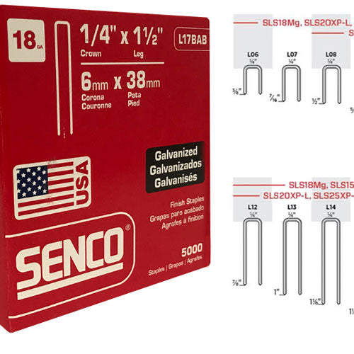 SENCO L17BAB 18 Gauge Galvanized Staple 1/4"Crown x 1-1/2"Leg