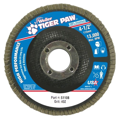 Weiler 51108 4-1/2" 40 Grit Tiger Paw Flat Abrasive Flap Disc - My Tool Store