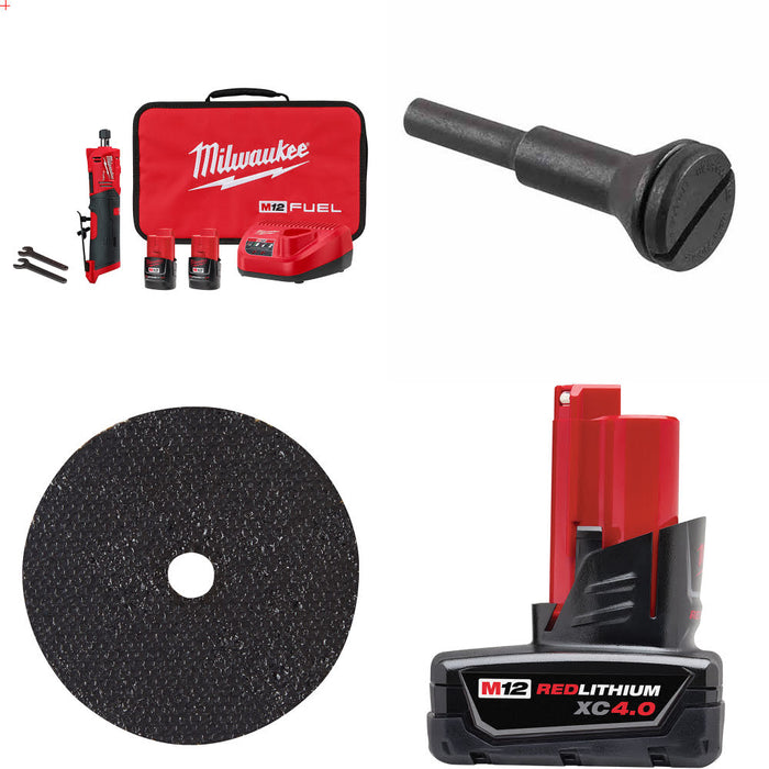 Milwaukee 2486-22 M12 Grinder Kit W/ FREE Arbor, Cut Off Wheel-5Pk & Battery