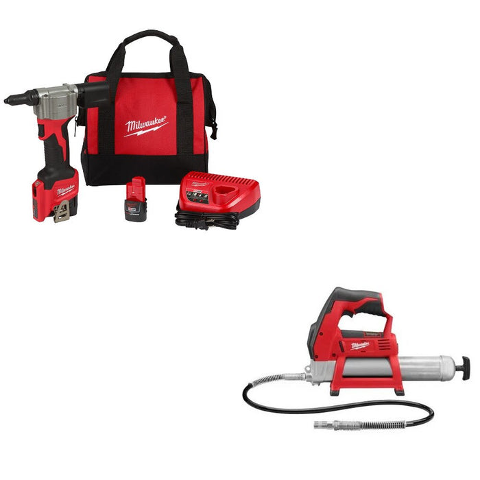 Milwaukee 2550-22 M12 Rivet Tool Kit w/ FREE 2446-20 M12 Grease Gun, Bare Tool