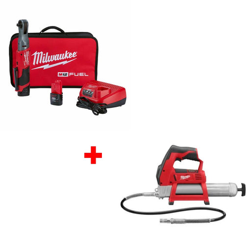 Milwaukee 2557-22 M12 FUEL 3/8" Ratchet Kit w/ FREE 2446-20 M12 Grease Gun, Bare