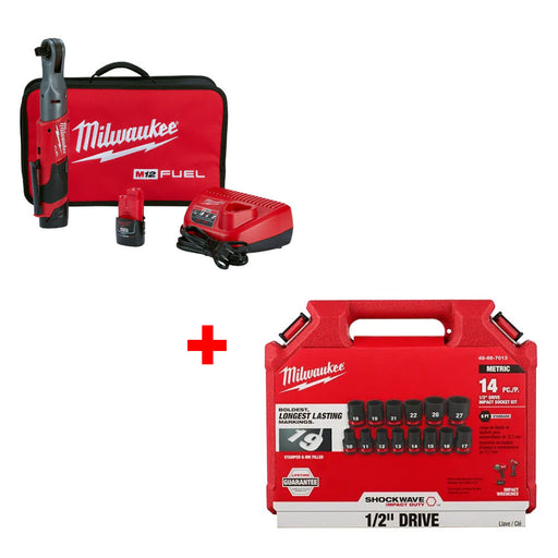 Milwaukee 2558-22 M12 FUEL 1/2" Ratchet Kit W/ FREE 49-66-7013 14PC Socket Set