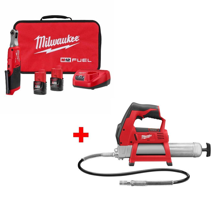 Milwaukee 2566-22 M12 FUEL 1/4" Ratchet Kit w/ FREE 2446-20 M12 Grease Gun, Bare