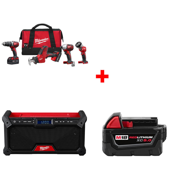 Milwaukee 2695-24 M18 4-Tool Combo Kit W/ FREE 2952-20 M18 Radio & Battery Pack