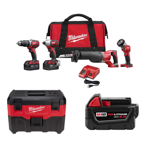 Milwaukee 2696-24 M18 4-Tool Combo Kit w/ FREE 0880-20 Wet/Dry Vacuum & Battery