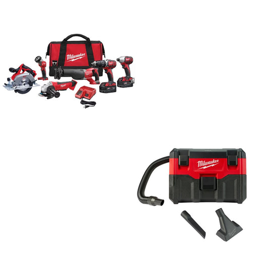 Milwaukee 2696-26 M18 6-Tool Combo Kit w/ Two FREE 0880-20 18V Wet/Dry Vacuum, Bare