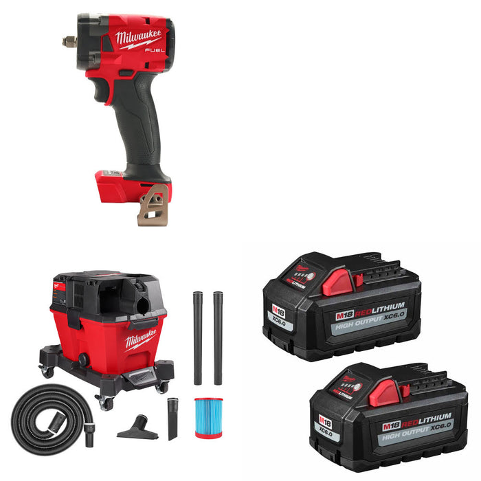 Milwaukee 2854-20 M18 Impact Wrench W/ 0910-20 M18 Vacuum & FREE Battery 2 Pack