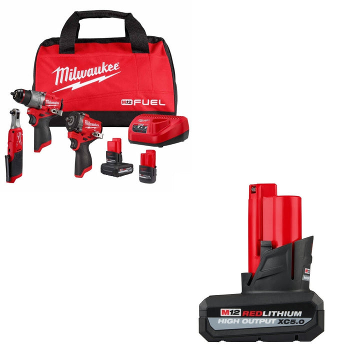 Milwaukee 3424-23 M12 FUEL 3-Tool Kit W/ FREE 48-11-2450 XC5.0 Battery