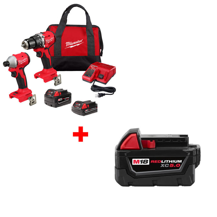 Milwaukee 3693-22CX M18 2-Tool Combo Kit W/ FREE 48-11-1850 M18 Battery Pack