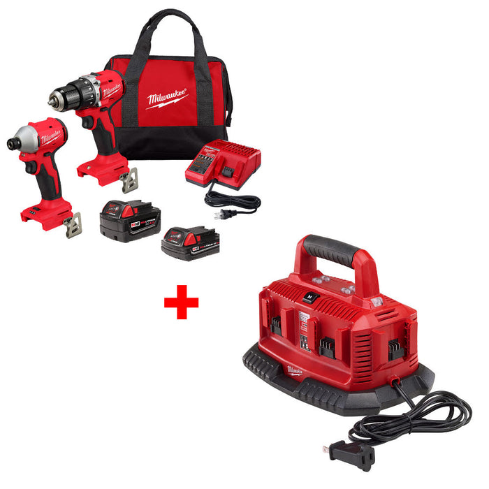 Milwaukee 3693-22CX M18 2-Tool Combo Kit W/ FREE 48-59-1806 M18 Six Pack Charger