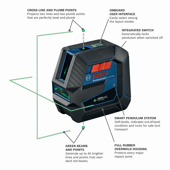 Bosch GCL100-40G Green-Beam Self-Leveling Cross-Line Laser with Plumb Points - 2