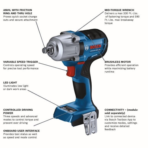 Bosch GDS18V-330CB25 18V Brushless Connected-Ready 1/2 In. Mid-Torque Impact Wrench Kit with Friction Ring and Thru-Hole and (2) CORE18V 4 Ah Advanced Power Batteries - 2