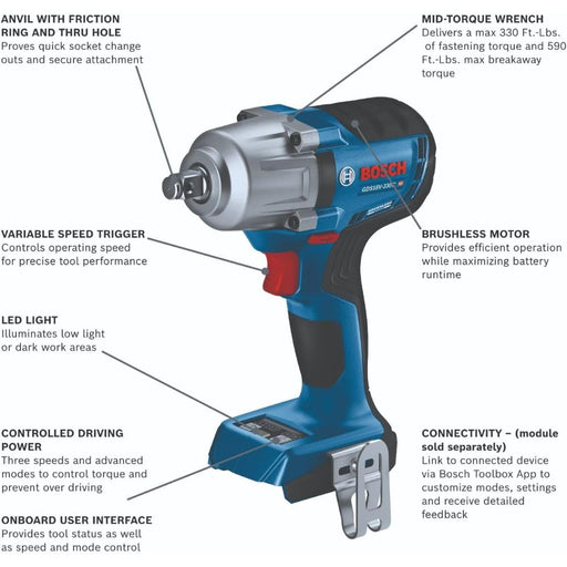 Bosch GDS18V-330CN 18V Brushless Connected-Ready 1/2 In. Mid-Torque Impact Wrench with Friction Ring and Thru-Hole (Bare Tool) - 2