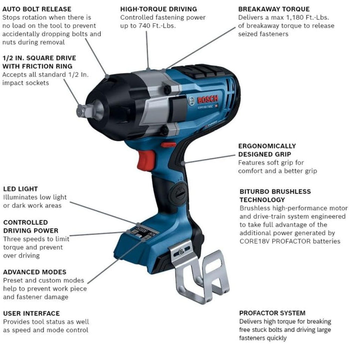 Bosch GDS18V-740CN 18V PROFACTOR Brushless Connected-Ready 1/2" Impact Wrench w/ Friction Ring (Bare Tool) - 2