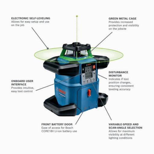 Bosch GRL4000-90CHVGK 18V REVOLVE4000 Connected Green-Beam Self-Leveling Horizontal/Vertical Rotary Laser Kit with (1) CORE18V 4 Ah Advanced Power Battery - 2