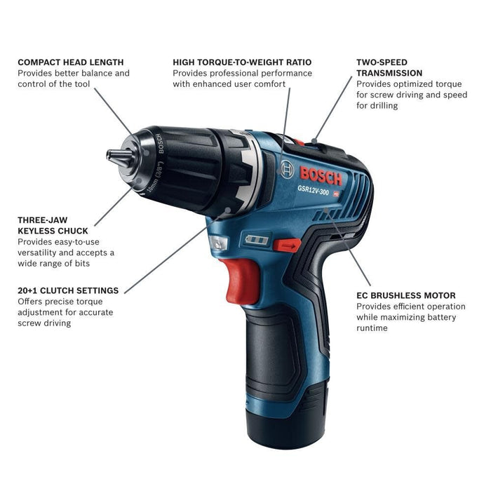 Bosch GSR12V-300B22 12V Max EC Brushless 3/8" Drill/Driver Kit - 2