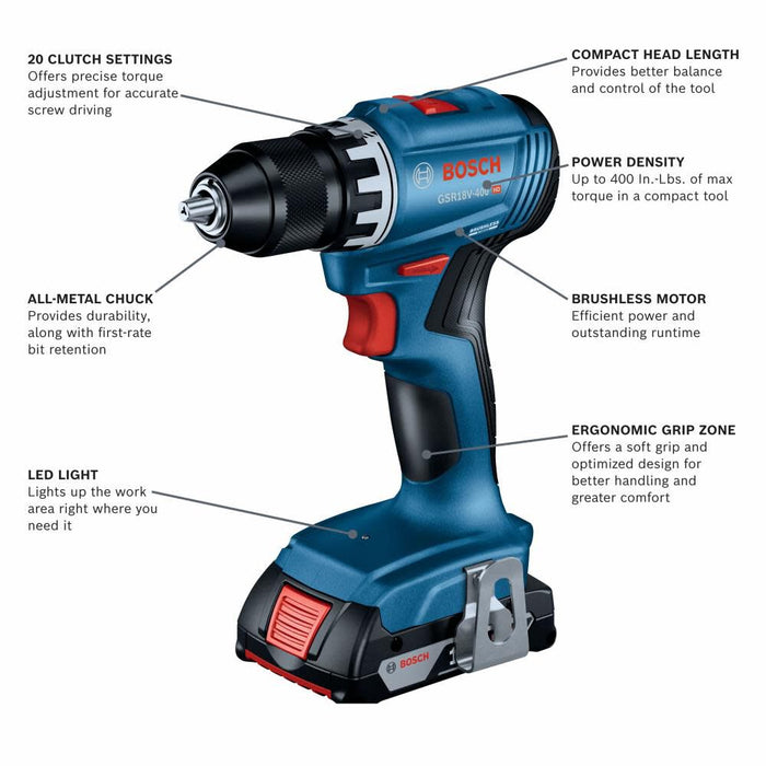 Bosch GSR18V-400B12 18V Compact Brushless 1/2" Drill/Driver Kit with (1) 2.0 Ah SlimPack Battery - 2