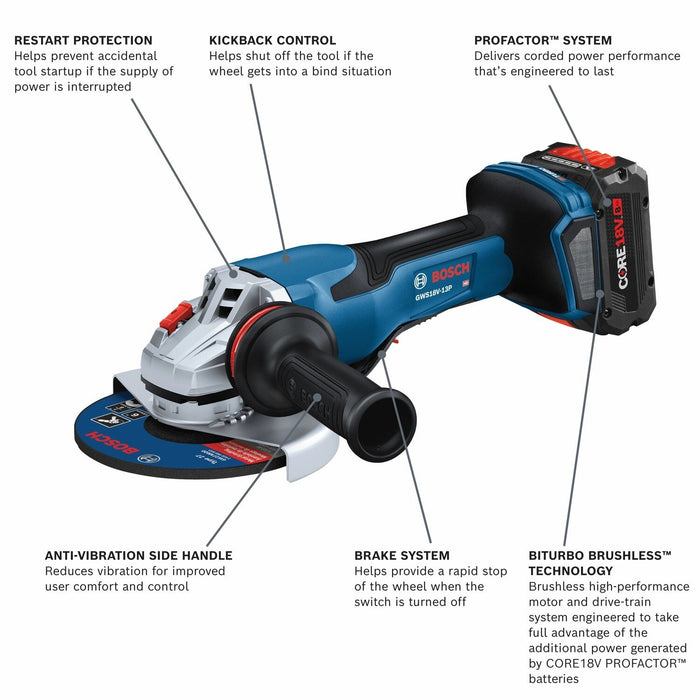 Bosch GWS18V-13PB14 18V 5 - 6" Angle Grinder Kit with No Lock-On Paddle Switch and 8 Ah Battery - 2