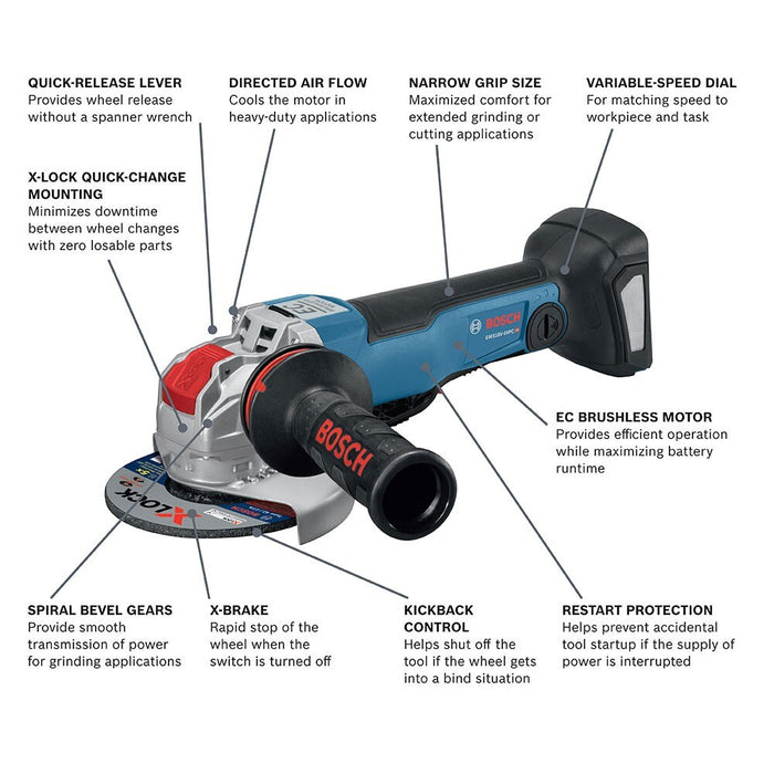 Bosch GWX18V-50PCN 4-1/2"-5" 18V X-Lock Angle Grinder with No Lock-on Paddle Switch, Bare - 5