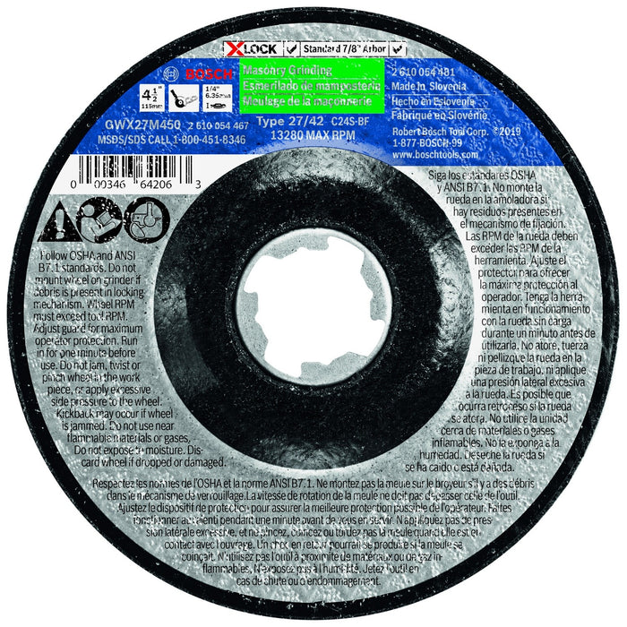 Bosch GWX27M450 4-1/2" x 1/4" X-LOCK Type 27 30 Grit Masonry Grinding Abrasive Wheel