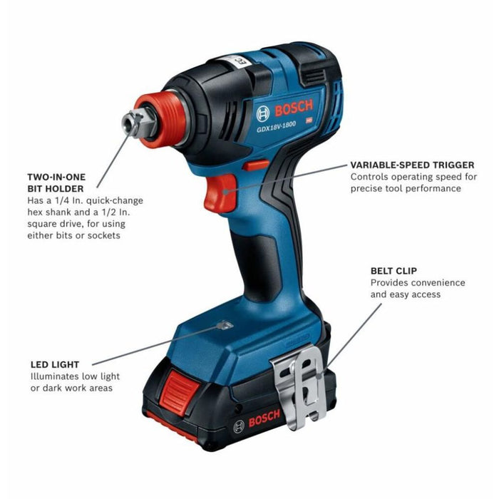 Bosch GXL18V-240B22 18V 2-Tool Combo Kit with 1/2" Hammer Drill/Driver, Two-In-One 1/4" and 1/2" Bit/Socket Impact Driver/Wrench and (2) 2 Ah Standard Power Batteries - 3