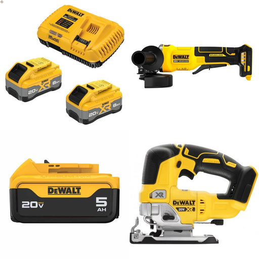 DeWalt DCB2108-2C 8Ah Starter Kit W/ FREE DCG408B Grinder, DCB205 Battery and DCS334B Jig Saw