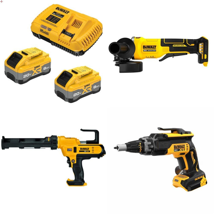 DeWalt DCB2108-2C 20V 8Ah Starter Kit W/ FREE DCG408B Grinder, DCE560B Caulk Gun and DCF630B Screwgun