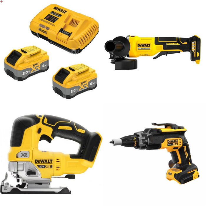 DeWalt DCB2108-2C 8Ah Starter Kit W/ FREE DCG408B Grinder, DCS334B Jig Saw and DCF630B Screwgun