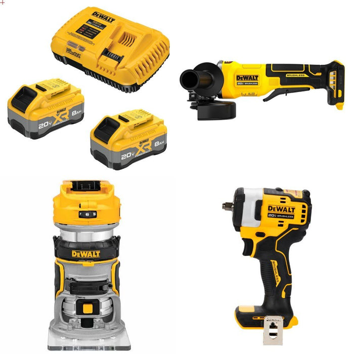 DeWalt DCB2108-2C 8Ah Starter Kit W/ FREE DCG408B Grinder, DCW600B Router and DCF913B Impact Wrench