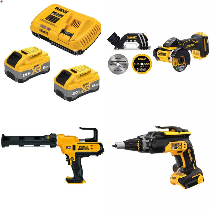 DeWalt DCB2108-2C 8Ah Starter Kit W/ FREE DCS438B Cut-Off, DCE560B Caulk Gun and DCF630B Screwgun