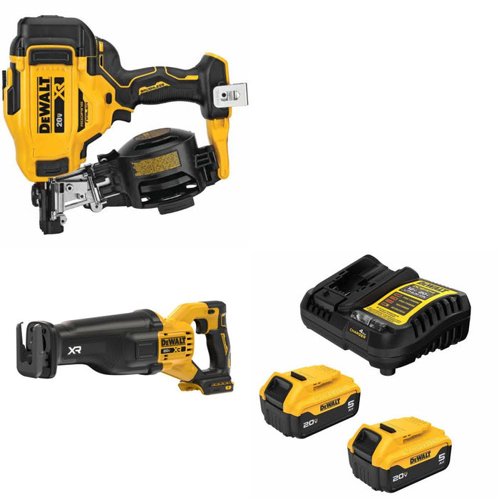 DeWalt DCN45RNB Roofing Nailer Kit W/ DCS384B Reciprocating Saw and FREE DCB205-2C Battery Kit