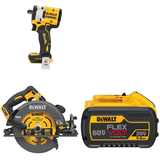 DeWalt DCS578B 60V MAX 7-1/4 in. Circular Saw W/ DCF921B Impact Wrench and DCB609 9.0Ah Battery