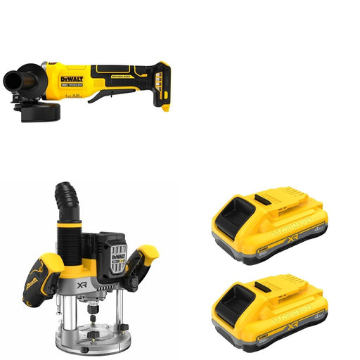 DeWalt DCW620B 20V MAX XR 2-1/4 HP Plunge Router W/ DCB2104-2 and DCG408B Paddle-Switch Grinder