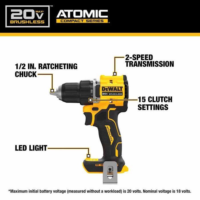 DeWalt DCD794B ATOMIC COMPACT SERIES 20V MAX Brushless Cordless 1/2 in. Drill/Driver (Tool Only) - 2