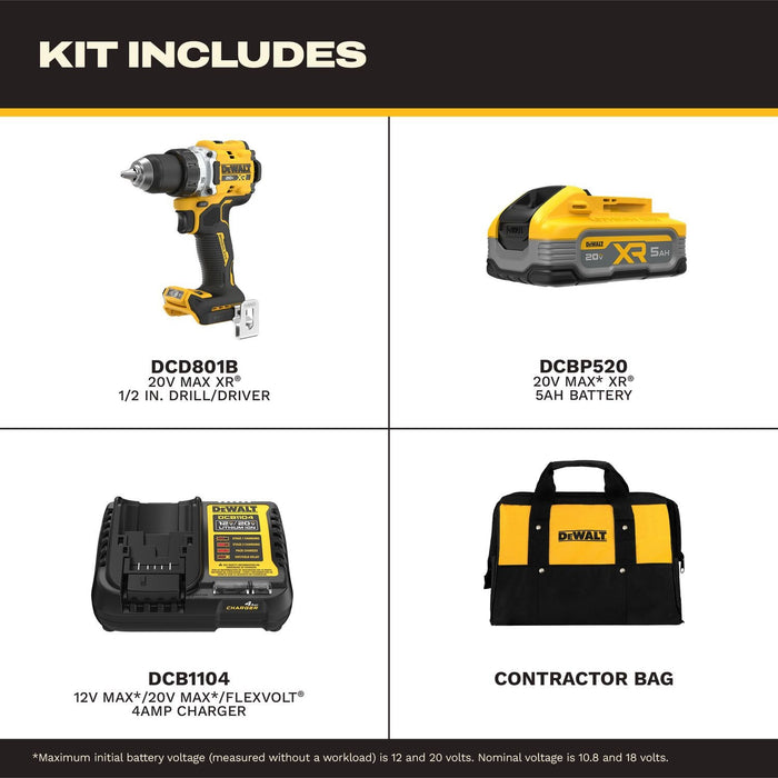 DeWalt DCD801H1 20V MAX XR 1-2" Brushless Cordless Drill Driver Kit with 5Ah POWERSTACK Battery (1 Battery) - 3