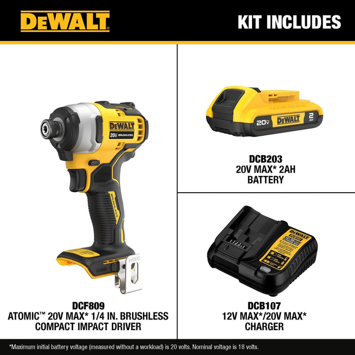 DeWalt DCF809D1 ATOMIC 20V MAX Brushless Cordless Compact 1/4 in. Impact Driver Kit - 7