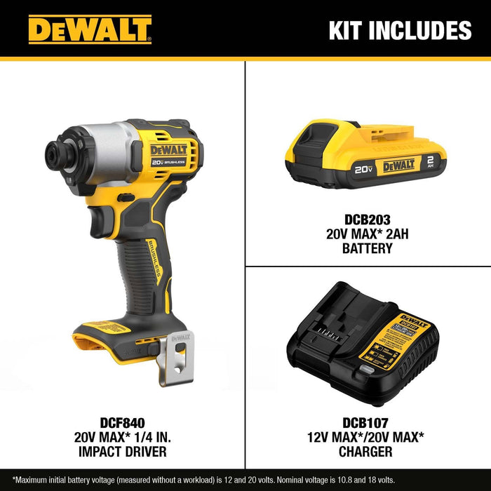 DeWalt DCF840D1 20V MAX* Brushless Cordless 1/4 in. Impact Driver Kit - 6