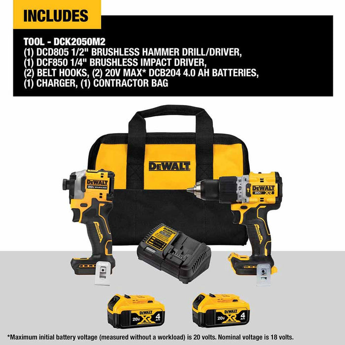 DeWalt DCK2050M2 20V Max Brushless Cordless XR 1/2 In. Hammer Drill/Driver And Atomic 1/4 In. Impact Driver Kit With 4.0Ah Batteries - 4