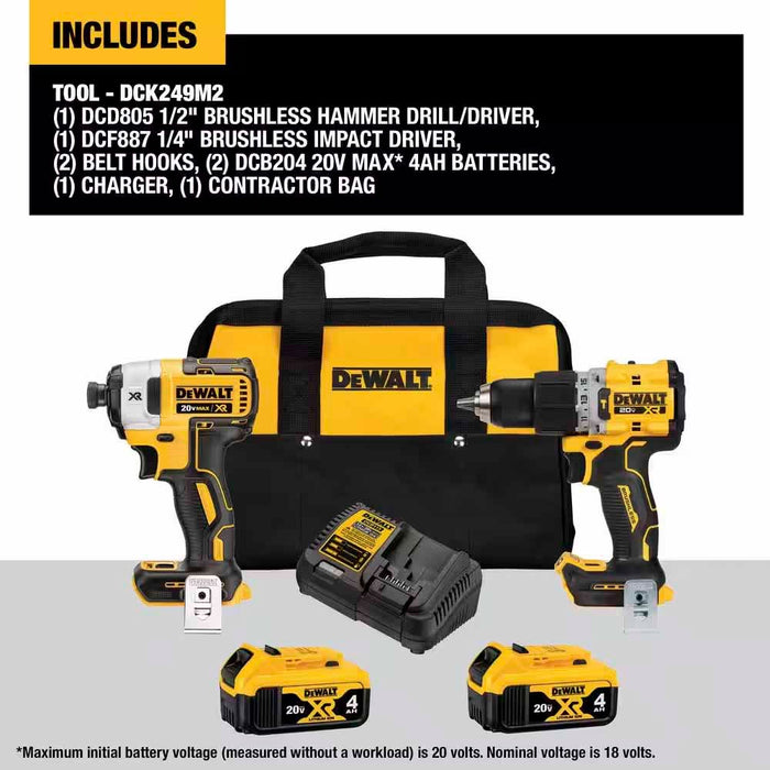 DeWalt DCK249M2 20V MAX XR Brushless 2 Tool Combo Kit with (2) 4.0Ah Batteries and Charger - 4