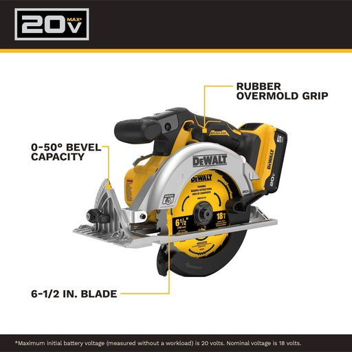 DeWalt DCS391P1 20V Max Li Ion 6-1/2" Circular Saw Kit (5.0 Ah) 5/8"Arbor - 2