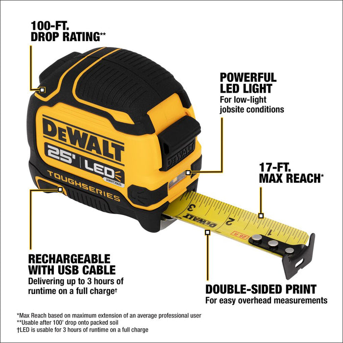 DeWalt DWHT35625S TOUGHSERIES 25' x 1-1/4"  LED lighted Tape Measure , Micro USB Port - 2