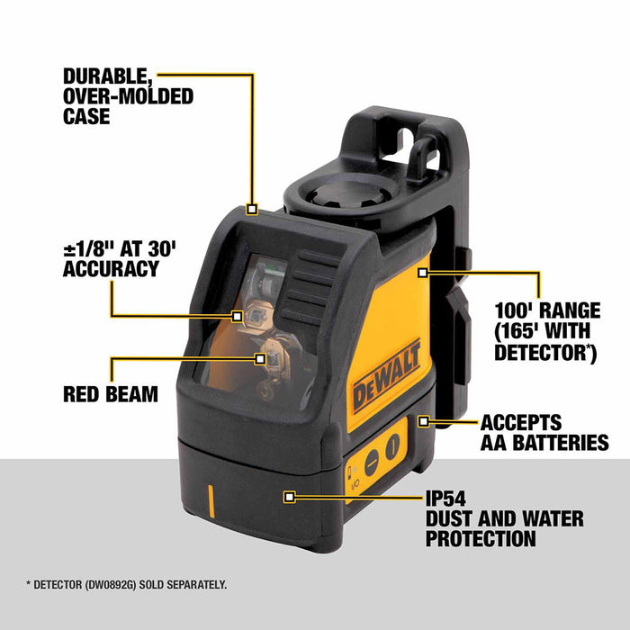 DeWalt DW088K Self Leveling Horizontal/Vertical RED Cross Line Laser Level DW088K-QU (USES 3 X AA) - 3