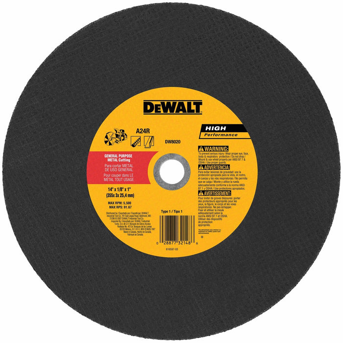 DeWalt DW8020 14" x 5/32" x 1" Metal Cutting High Speed Cut-Off Wheel