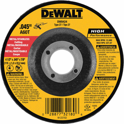 DeWalt DW8424 4-1/2" x .045" x 7/8" Thin Cutting Wheel Type 27 Depressed Center Wheel