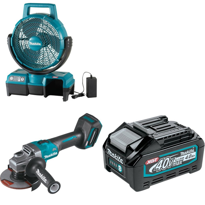 Makita GAG01Z 4-1/2" / 5" W/ CF001GZ 40V max XGT Cordless 9-1/4" Fan and BL4040 4.0Ah Battery