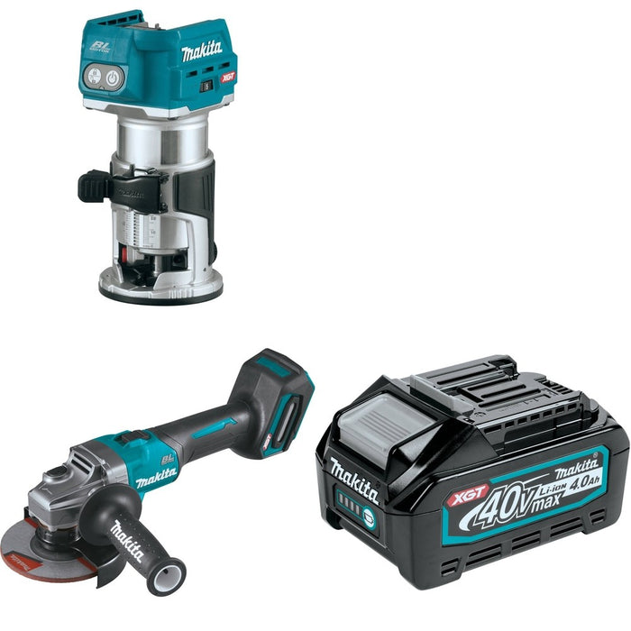 Makita GAG01Z 40V max XGT 4-1/2" / 5" Angle Grinder W/ GTR01Z Router and BL4040 4.0Ah Battery