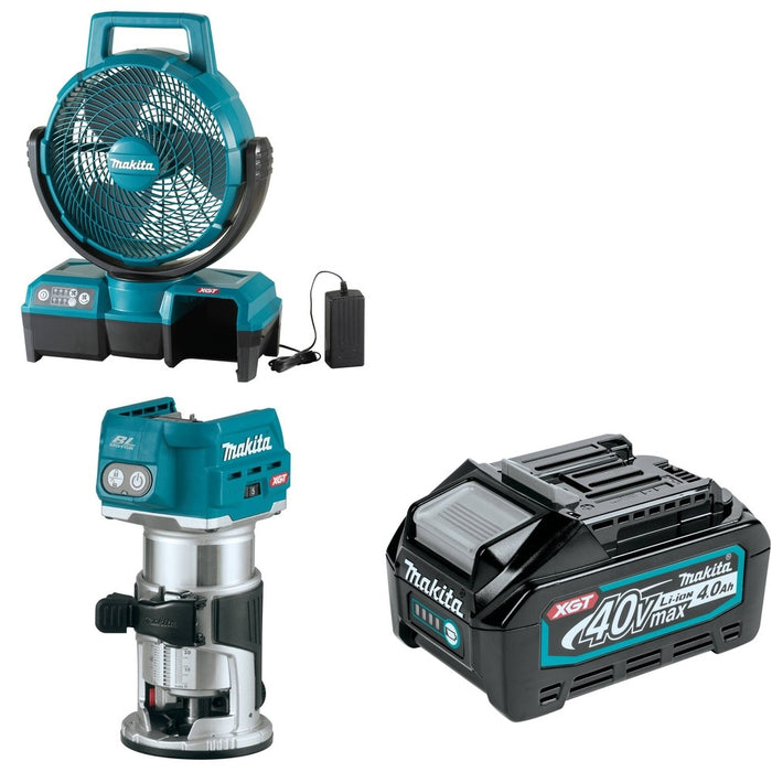 Makita GTR01Z Router W/ CF001GZ 40V max XGT Cordless 9-1/4" Fan and BL4040 4.0Ah Battery