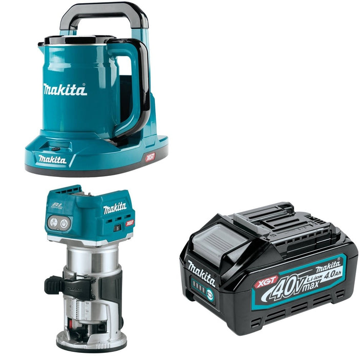 Makita GTR01Z Router W/ GTK01Z 40V max XGT Hot Water Kettle, Tool Only and BL4040 4.0Ah Battery