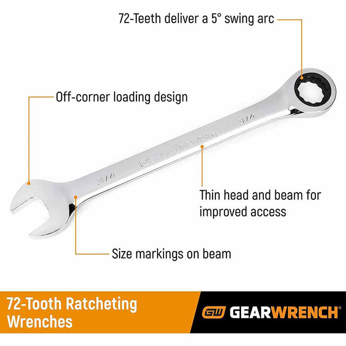 GearWrench 85034 34 Pc. 72-Tooth 12 Point Standard & Stubby Ratcheting Combination SAE/Metric Wrench Set - 5